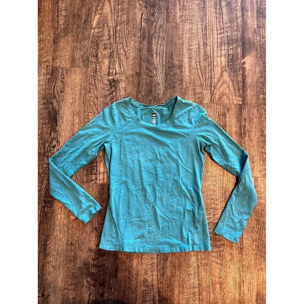 REI Shirt Womens XS Aqua Blue Cotton Classic Fitted Sleeve Performance Crewneck - Picture 2 of 9